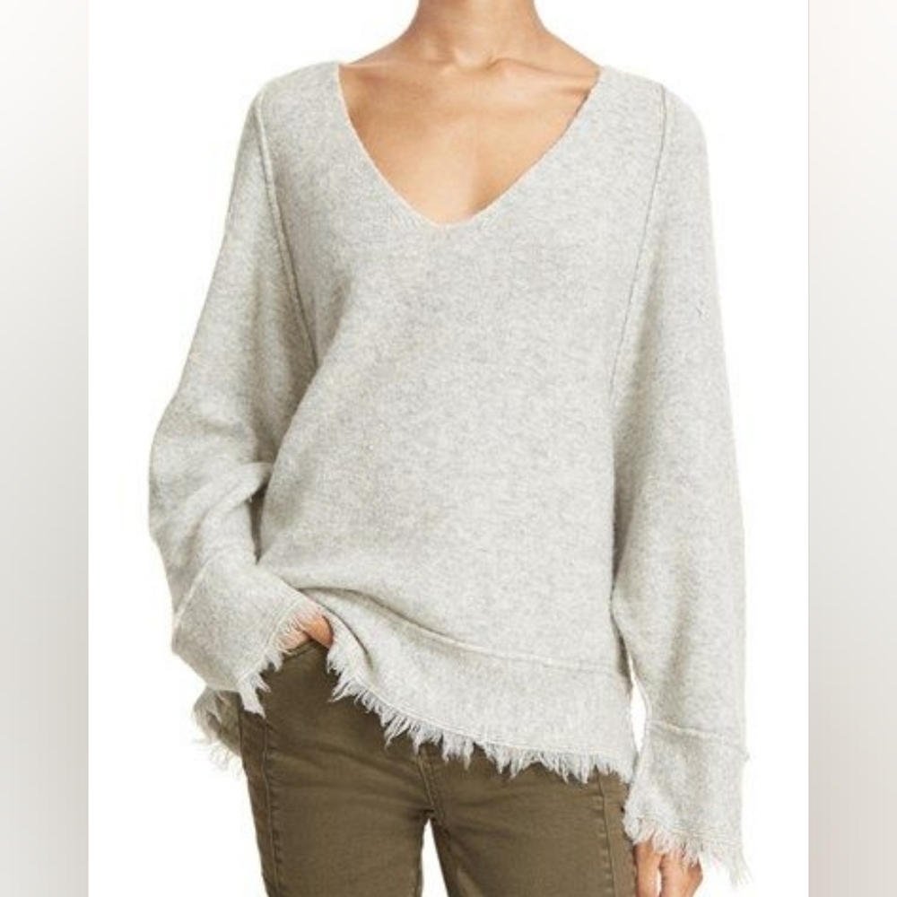 Free People Women's Wool Blend Fringe Trim Oversized Grey Knit Sweater - Small - Picture 2 of 6